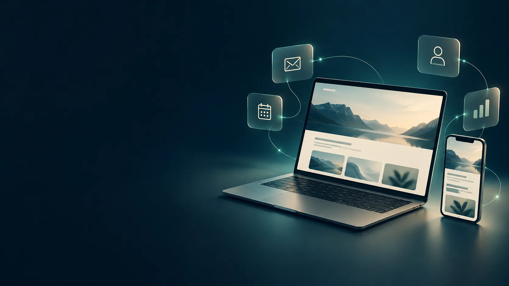 AI-generated illustration of a laptop and mobile website connected to email, calendar, customer and analytics workflows