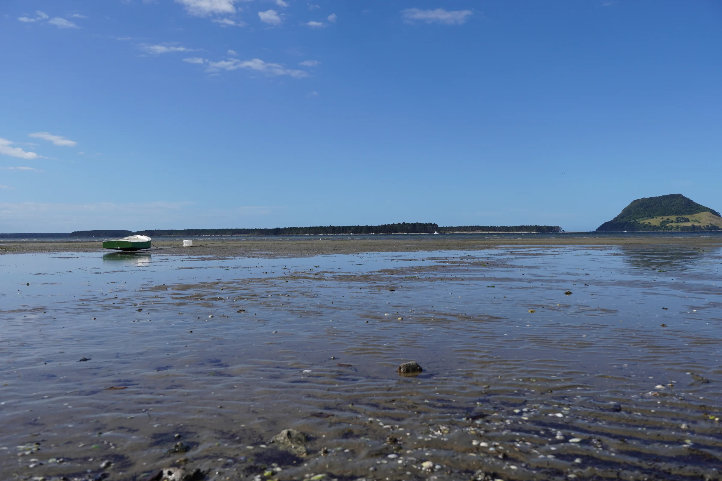 A small boat resting on a peaceful New Zealand tidal shoreline